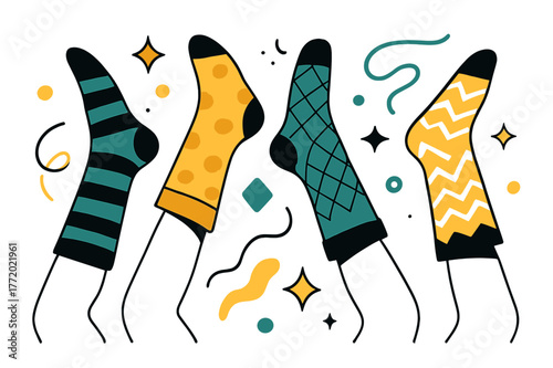 Colorful Sock Artistry. Socks. Colorful patterned socks displayed on flat surface with abstract floating shapes, lines, and sparkles; emphasizes fashion,