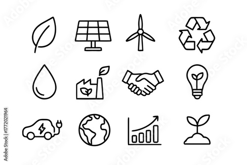 Sustainable Business Icons. Sustainability in business. Line icon set of sustainable business: leaf, solar panel, wind turbine, recycle symbol, water droplet,