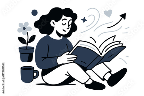 Outdoor Reading Vibes. Reading outside. Book open mid-swing, gentle gust flips pages; flower pot and cup resting beside. Time suspended between words and wind.