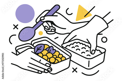Mindful Meal Preparation. Rationing Food. Close-up of hands portioning rice and vegetables into containers with floating abstract geometric shapes, precise and
