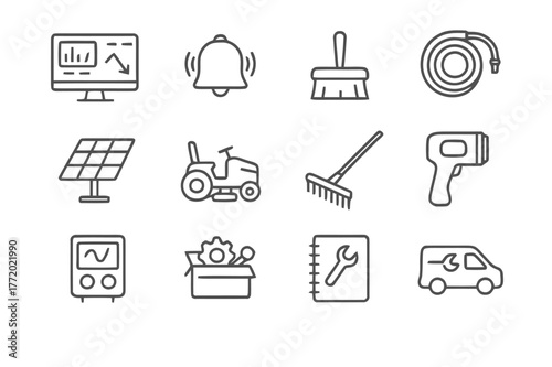 Operations Icon Set. Operations and maintenance. Line icon set of operations and maintenance: monitoring dashboard, alert bell, cleaning brush, water hose,