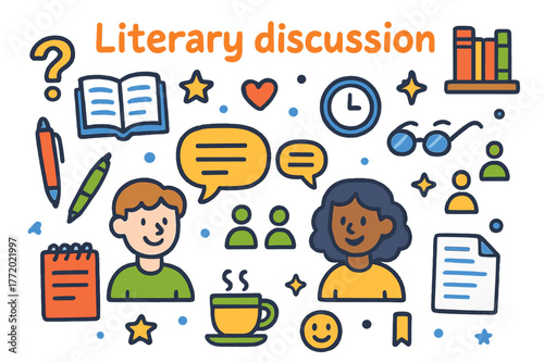 Literary Discussion Doodles. Literary discussion. Colorful Hand-drawn doodle Children illustration Literary discussion books, chat bubbles, pen, notepad,