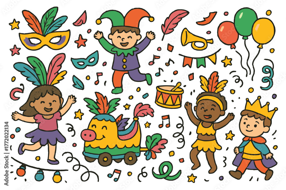 Fototapeta premium Carnival Doodles Extravaganza. Carnival celebration. Colorful Hand-drawn doodle Children illustration Carnival celebration masks, feathers, trumpets, costumes,