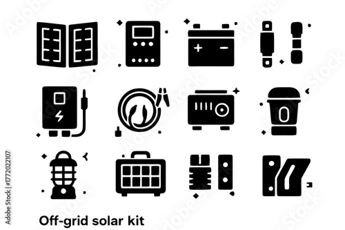 Off-Grid Solar Icons. Off-grid solar kit. Solid icons set of Off-grid solar kit: foldable panel, charge controller, battery bank, DC fuse, DC breaker, cable