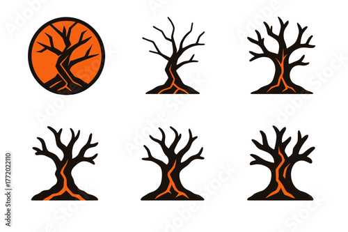 Blackened Tree Logos. blackened trees in hellscape. Set Logo of blackened trees in hellscape: Twisted dead tree trunk with lava cracks. Icon set. harmonious