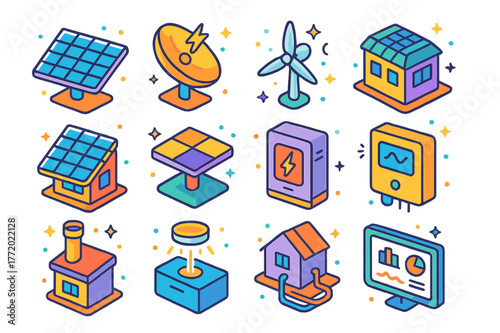 Renewable Energy Icons. renewable energy features. Colorful isometric vector icons set of renewable energy features: photovoltaic panels, solar concentrator