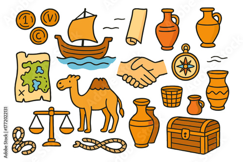 Colorful Ancient Trade Icons. Ancient trade. Colorful Hand-drawn doodle Children illustration Ancient trade bronze coins, ships, amphora, camel, map, scroll,