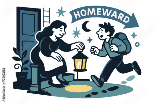 Lantern's Warm Welcome. Keeper of the Hearth ? Lantern on the Porch. A small lantern casts a welcoming circle; footprints approach through the dusk. Banner