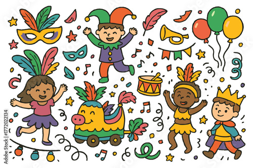 Carnival Doodles Extravaganza. Carnival celebration. Colorful Hand-drawn doodle Children illustration Carnival celebration masks, feathers, trumpets, costumes,