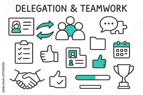 Teamwork Icon Doodle. // Delegation & teamwork. Hand-drawn doodle illustration Delegation & teamwork [handoff arrows (accented), group avatars (accented), task