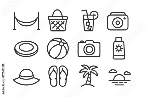 Summer Leisure Icons. Summer Leisure. Line icon set of Summer Leisure: hammock, picnic basket, iced tea glass, portable speaker, frisbee, beach ball, camera,