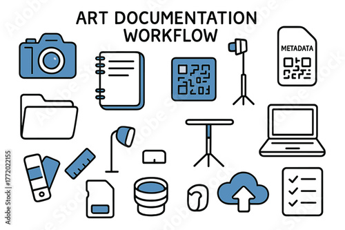 Art Documentation Doodle. Art documentation workflow. Hand-drawn doodle illustration art documentation workflow camera (accented), notebook (accented),
