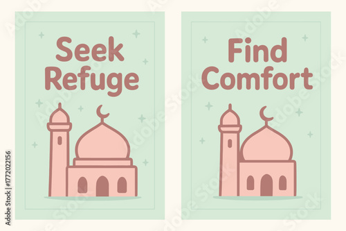 Seek Refuge Banners. Refuge in Him. Two vertical A6 banners with safe margins, centered composition, no elements touching edges, cartoon, pastel mint and pink,