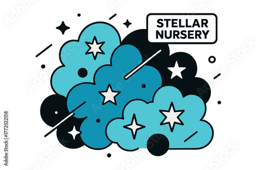Stellar Nursery Illustration. Nebula ? Stellar Nursery. Gas clouds billow like cotton candy as tiny star icons ignite; a floating tag reads ?Stellar Nursery.?
