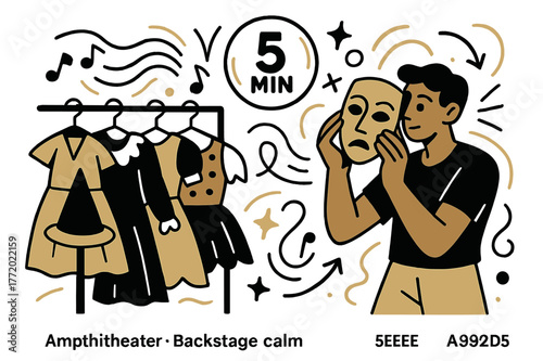 Backstage Preparation. Amphitheater ? Backstage Calm. Costumes hang in tidy rows; a stagehand adjusts a mask while a tiny ? min? callout glows. Soft sound