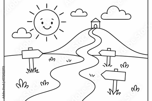 Friendly Pathway for Kids. Pilgrimages and spiritual travel children?s coloring book illustration, outlined drawing, a friendly path winding toward a distant