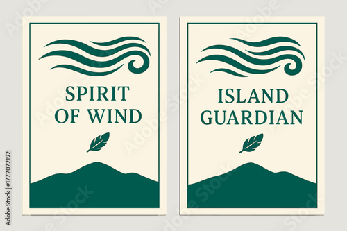 Sacred Wind Banners. Sacred Winds. Two vertical A6 banners with safe margins, centered composition, no elements touching edges, minimal, emerald and cream,