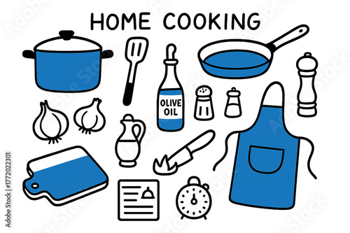 Home Cooking Essentials. // Home cooking. Hand-drawn doodle illustration Home cooking [pot (accented), skillet (accented), spatula, cutting board (accented),