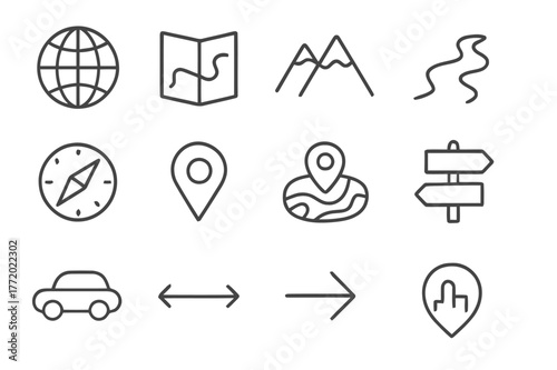 Geography Icon Set. Geographical distance. Line icon set of geography: globe, map, mountain, river, compass, gps pin, terrain contour, city marker, road sign,