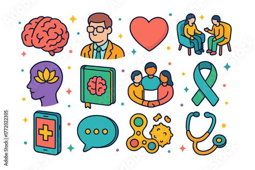 Psychological Awareness Icons. Psychological awareness. Colorful isometric vector icons set of psychological awareness: brain, therapist, heart, counseling