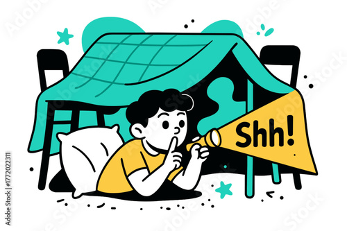 Table-Fort Adventure. Table-Fort Hideout. Pillows and chairs build a geometric cave; a flashlight beam slices the dark with ?Shh!? lettered in the glow. Crumbs