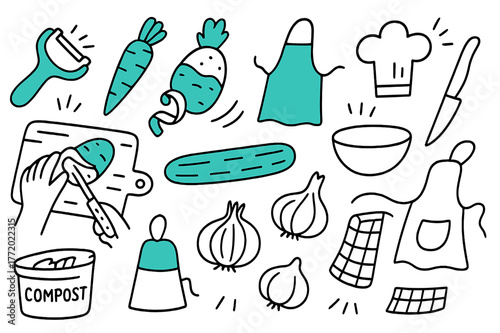 Vegetable Prep Doodle. // Peeling vegetables. Hand-drawn doodle illustration peeling vegetables [vegetable peeler (accented), carrot, potato (accented),