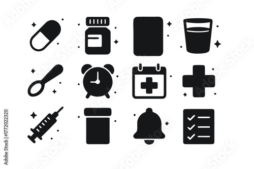 Medication Reminder Icons. Medication Reminders. Solid icons set of Medication Reminders: pill capsule, pill bottle, blister pack, water glass, dosage spoon,