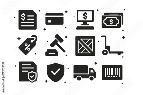 Payment and Logistics Icons. Payments and logistics. Solid icons set of Payments and logistics: invoice, credit card, bank transfer, cash stack, buyer?s