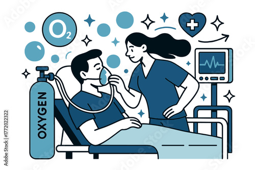 ICU Oxygen Supply. Oxygen. Oxygen supply in hospital ICU with abstract floating bubbles, icons, and sparkles; emphasizes healthcare, life-support, and safety.