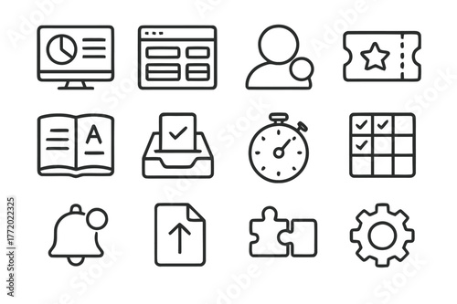 LMS Icon Set. Learning management systems (LMS). Line icon set of LMS: dashboard, course catalog, user profile, enrollment ticket, gradebook, assignment inbox,