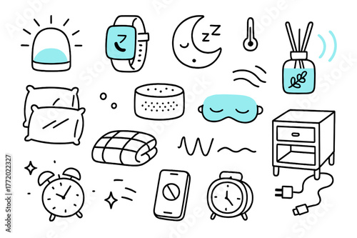 Sleep Tech Doodle. // Sleep tech & relaxation. Hand-drawn doodle illustration sleep tech & relaxation [smart lamp sunset mode (accented), sleep tracker band
