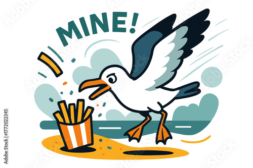 Seagull Snack Attack. Seagulls ? Beach snack thief. A gull swoops near fries; wind lines and crumbs scatter like confetti. Text ?MINE!? curves playfully above.