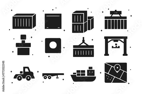 Shipping Container Icons. Shipping containers and yards. Solid icons set of Shipping containers and yards: standard container, reefer container, high-cube