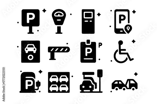 Parking Icons Collection. Parking management. Solid icons set of parking management: parking sign P, parking meter, ticket machine, parking app, occupancy