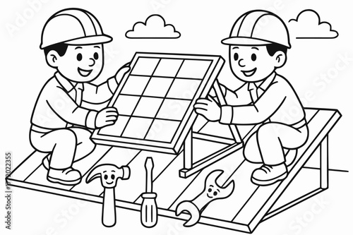 Solar Panel Installation Coloring. Installing solar panels safely children?s coloring book illustration, outlined drawing, two workers wearing helmets securing