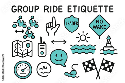 Cycling Group Guidelines. // Group ride etiquette. Hand-drawn doodle illustration Group ride etiquette [formation icons (accented), hand signal (accented),