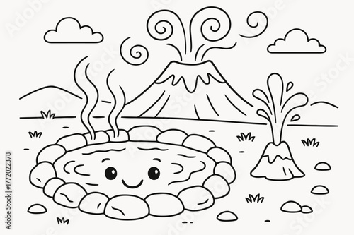 Hot Springs Fun. Hot springs and geysers children?s coloring book illustration, outlined drawing, a smiling hot spring pool and a tiny geyser beside a calm