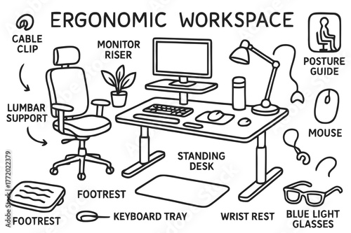 Ergonomic Workspace Doodles. Ergonomic workspace. Hand-drawn doodle illustration ergonomic workspace adjustable chair, footrest, monitor riser, keyboard tray,
