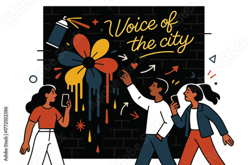 City's Vibrant Voice. Street art & graffiti. A mural blooms across a brick wall as a spray can leaves comet trails; ?Voice of the city? curls in neon script.