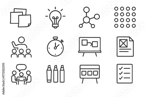 Workshop Icon Set. Workshop and Brainstorming. Line icon set of Workshop and Brainstorming: sticky notes, idea lightbulb, mind map, dot voting, facilitator,