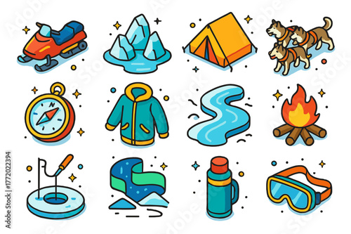 Arctic Icons Collection. Arctic adventure. Colorful isometric vector icons set of arctic adventure: snowmobile, icebergs, polar tent, sled dogs, compass, warm