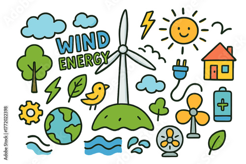 Colorful Wind Energy Icons. Wind Energy. Colorful Hand-drawn doodle Children illustration Wind Energy wind turbine, cloud, hill, tree, lightning bolt, plug,