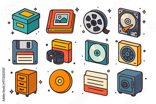 Colorful Archive Icons. Memory and archive storage. Colorful isometric vector icons set of Memory and archive storage: photo box, album book, film reel, old
