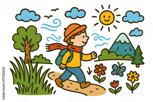 Colorful Outdoor Adventure. outdoor exploration. Colorful Hand-drawn doodle Children illustration outdoor exploration person, tall grass, wind, mountain,
