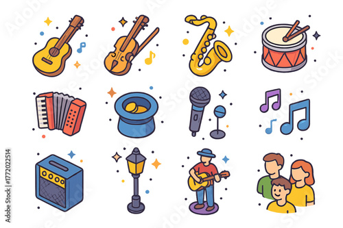 Isometric Street Icon Set. Street performance. Colorful isometric vector icons set of street performance: guitar, violin, saxophone, drum, accordion, hat for
