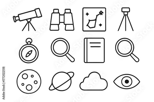 Observation Tools Icons. Telescopes and observation. Line icon set of observation tools: telescope, binoculars, star chart, tripod, compass, lens, notebook,