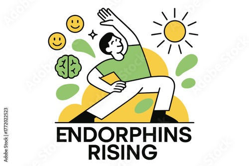 Mental Wellness Boost. Mental Wellness Boost. A person stretches in sunlight, floating icons show brain sparks and smile glyphs. ?Endorphins Rising? glows in
