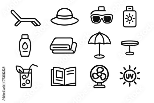 Sunbathing Essentials Icons. Sunbathing. Line icon set of Sunbathing: sun lounger, sun hat, sunglasses, sunscreen, tanning lotion, towel, parasol, side table,