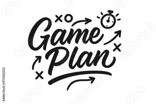 Game Plan Design. Game Plan ? Script Hand-Lettering; brush script with semi-cursive connectors and fluid pressure contrast; centered layout with gentle upward