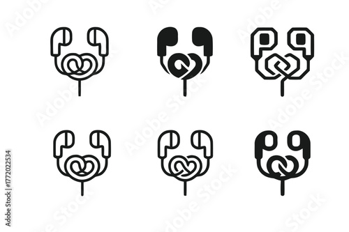 Headphone Cable Logos. Headphone cable knot. Set Logo of Headphone cable knot: earbud cord in pretzel knot. harmonious logo variations of the same emblematic